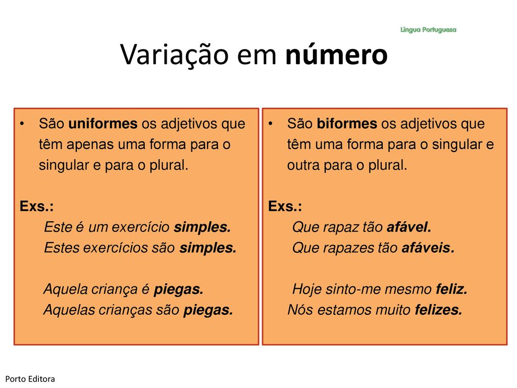Variação em número São uniformes os adjetivos que têm apenas uma forma para o singular e para o plural.