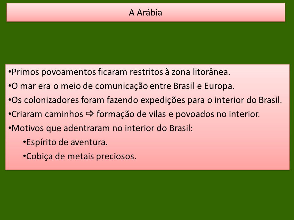 A Arábia Primos povoamentos ficaram restritos à zona litorânea. O mar era o meio de comunicação entre Brasil e Europa.