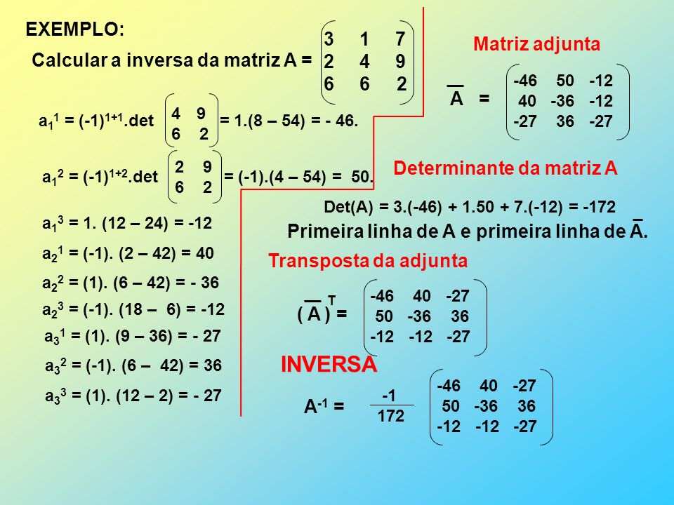 INVERSA EXEMPLO: Calcular a inversa da matriz A =