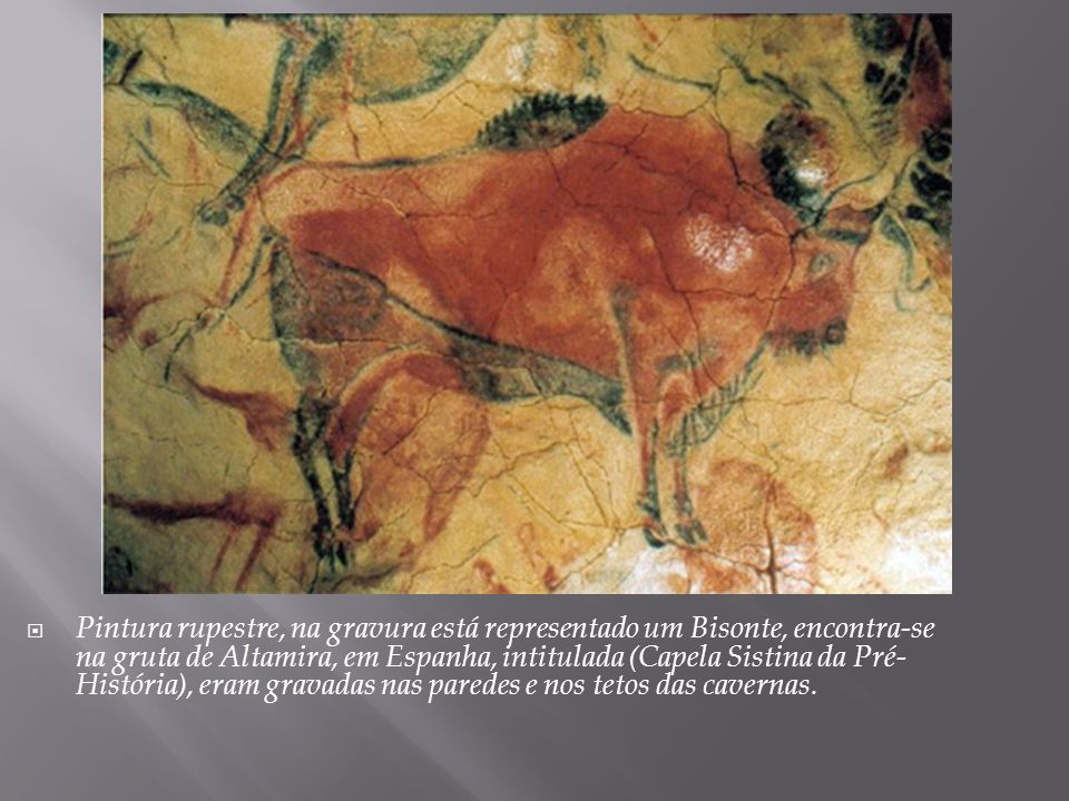 Pintura rupestre, na gravura está representado um Bisonte, encontra-se na gruta de Altamira, em Espanha, intitulada (Capela Sistina da Pré-História), eram gravadas nas paredes e nos tetos das cavernas.