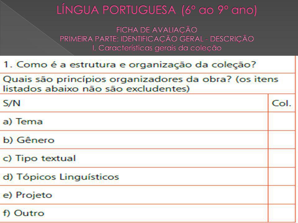 LÍNGUA PORTUGUESA (6º ao 9º ano) FICHA DE AVALIAÇÃO PRIMEIRA PARTE: IDENTIFICAÇÃO GERAL - DESCRIÇÃO I.