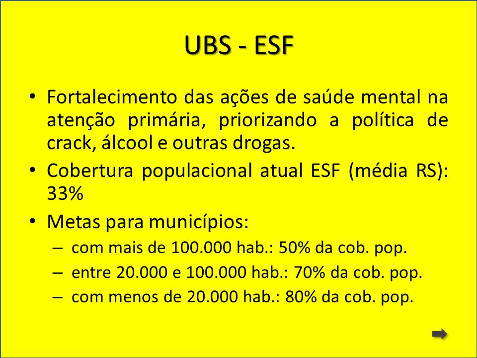UBS - ESF Fortalecimento das ações de saúde mental na atenção primária, priorizando a política de crack, álcool e outras drogas.