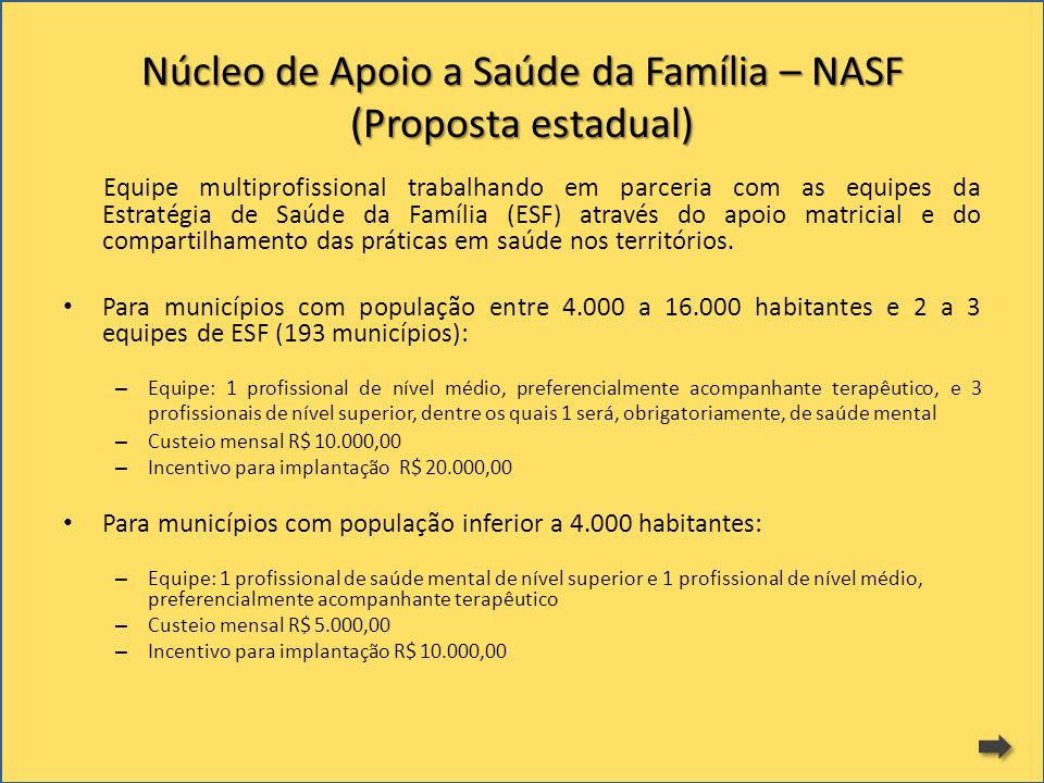 Núcleo de Apoio a Saúde da Família – NASF (Proposta estadual)