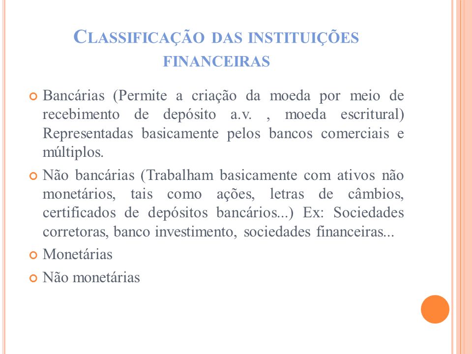 Classificação das instituições financeiras