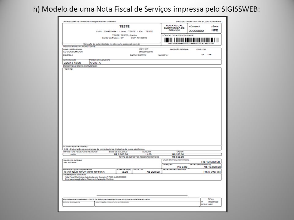 h) Modelo de uma Nota Fiscal de Serviços impressa pelo SIGISSWEB: