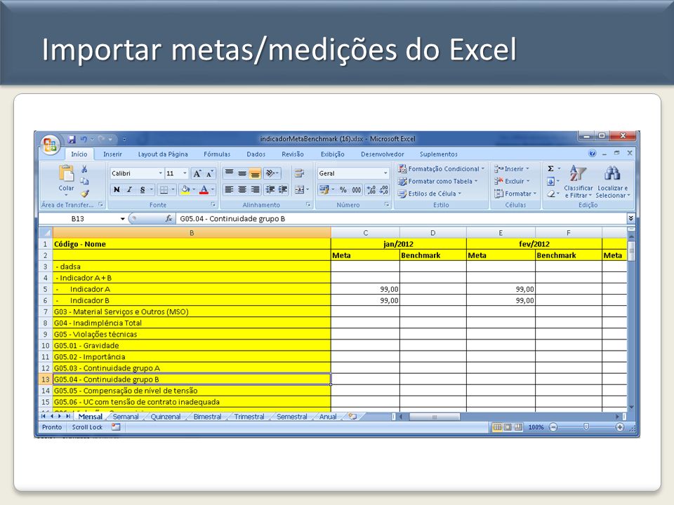 Importar metas/medições do Excel