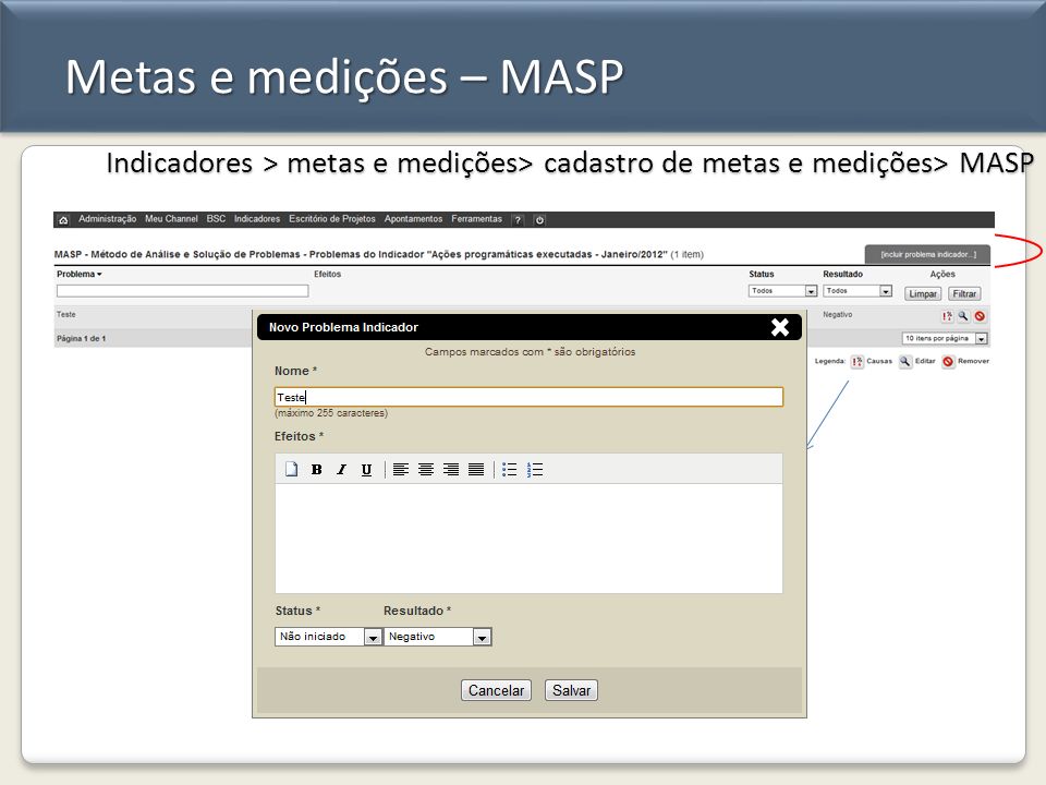 Metas e medições – MASP Indicadores > metas e medições> cadastro de metas e medições> MASP