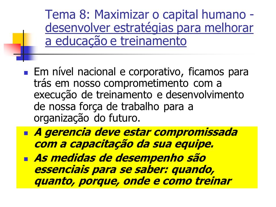 Tema 8: Maximizar o capital humano - desenvolver estratégias para melhorar a educação e treinamento