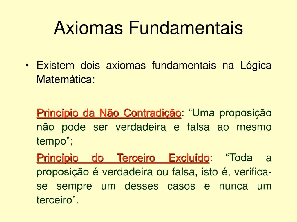 Axiomas Fundamentais Existem dois axiomas fundamentais na Lógica Matemática: