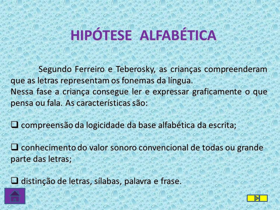 HIPÓTESE ALFABÉTICA Segundo Ferreiro e Teberosky, as crianças compreenderam que as letras representam os fonemas da língua.