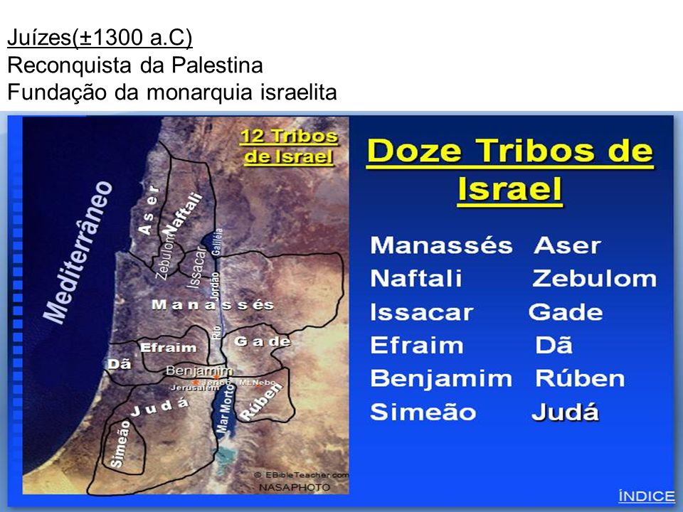 Juízes(±1300 a.C) Reconquista da Palestina Fundação da monarquia israelita