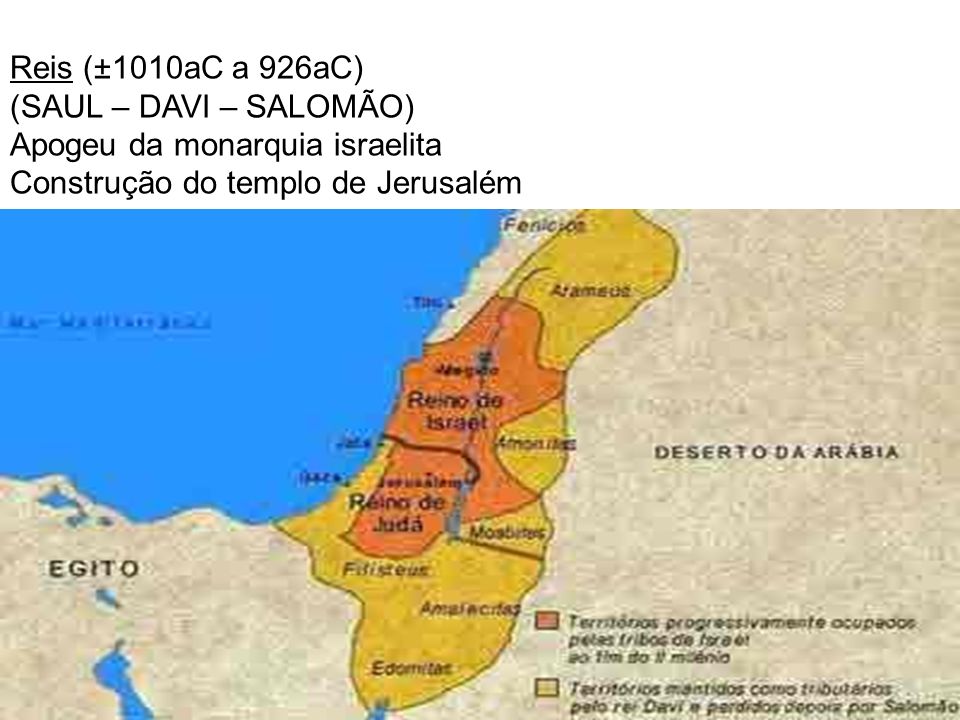 Reis (±1010aC a 926aC) (SAUL – DAVI – SALOMÃO) Apogeu da monarquia israelita.