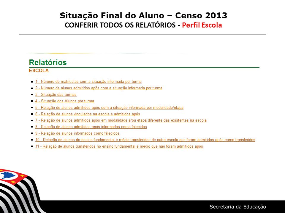 Situação Final do Aluno – Censo 2013 CONFERIR TODOS OS RELATÓRIOS - Perfil Escola