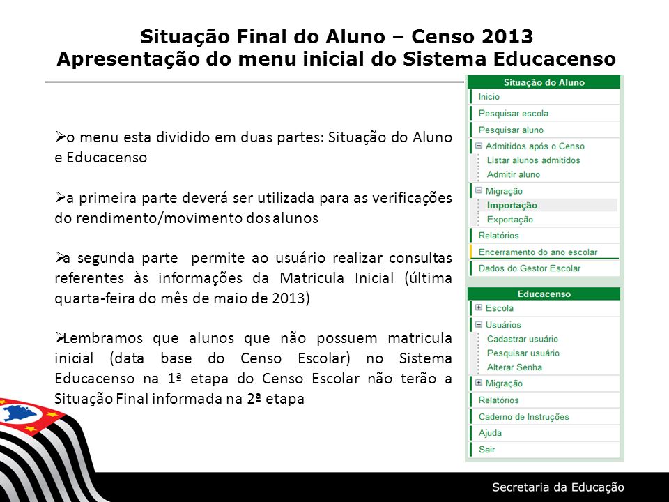 Situação Final do Aluno – Censo 2013 Apresentação do menu inicial do Sistema Educacenso