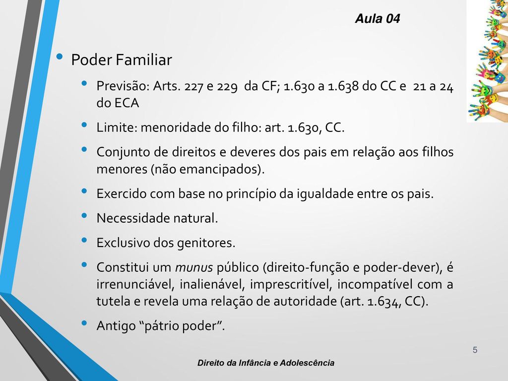Aula 04 Poder Familiar. Previsão: Arts. 227 e 229 da CF; a do CC e 21 a 24 do ECA. Limite: menoridade do filho: art , CC.