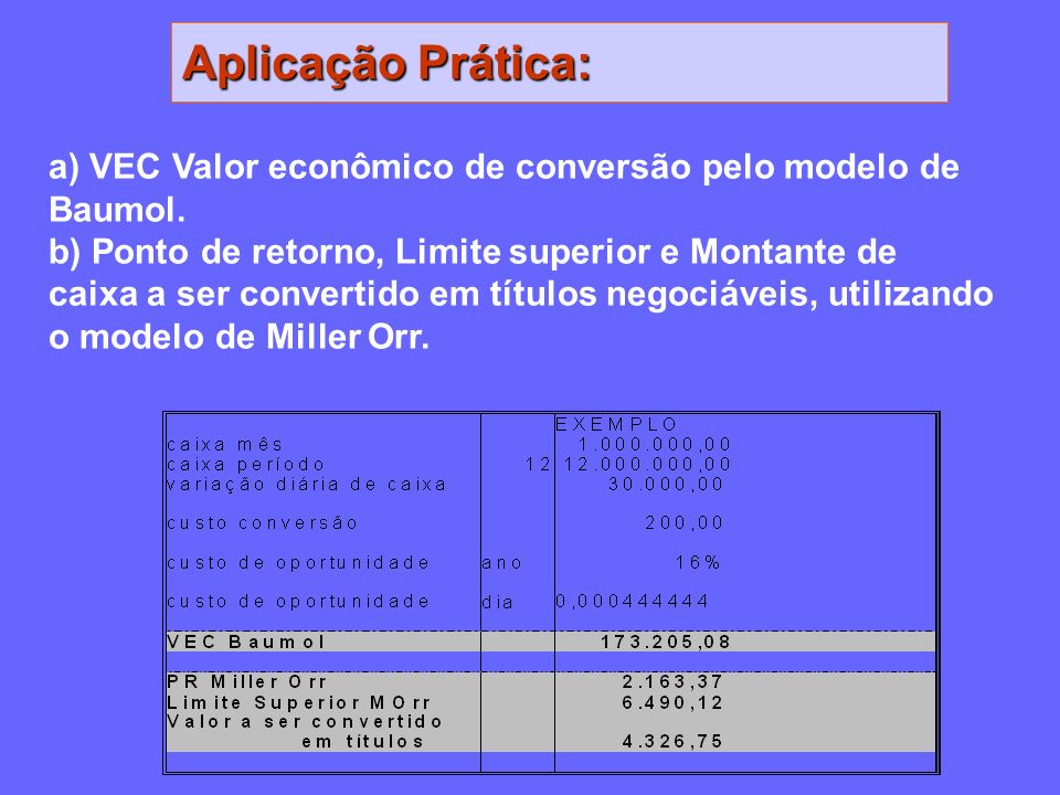 Aplicação Prática: a) VEC Valor econômico de conversão pelo modelo de Baumol.