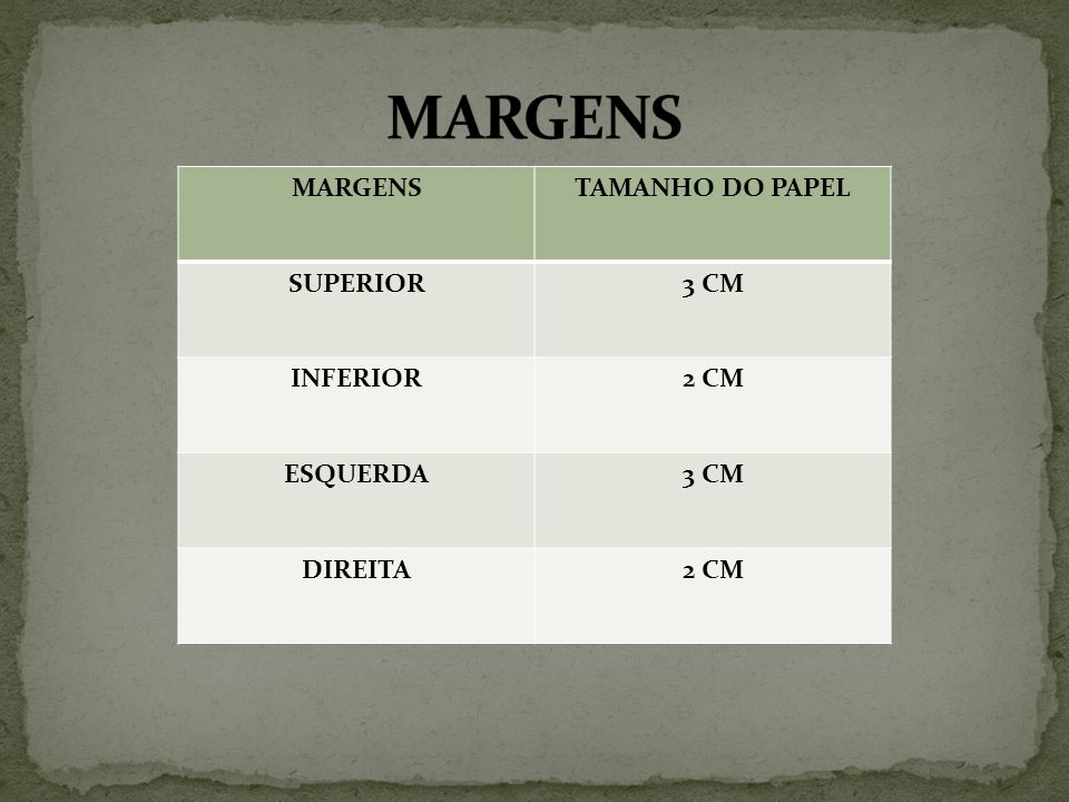 MARGENS MARGENS TAMANHO DO PAPEL SUPERIOR 3 CM INFERIOR 2 CM ESQUERDA