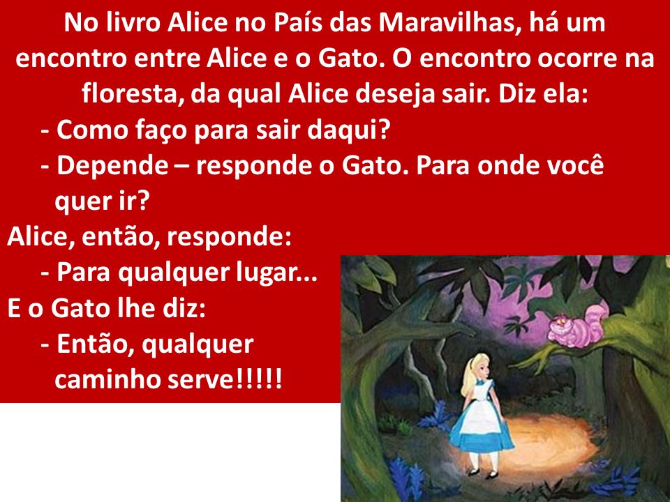 No livro Alice no País das Maravilhas, há um encontro entre Alice e o Gato. O encontro ocorre na floresta, da qual Alice deseja sair. Diz ela: