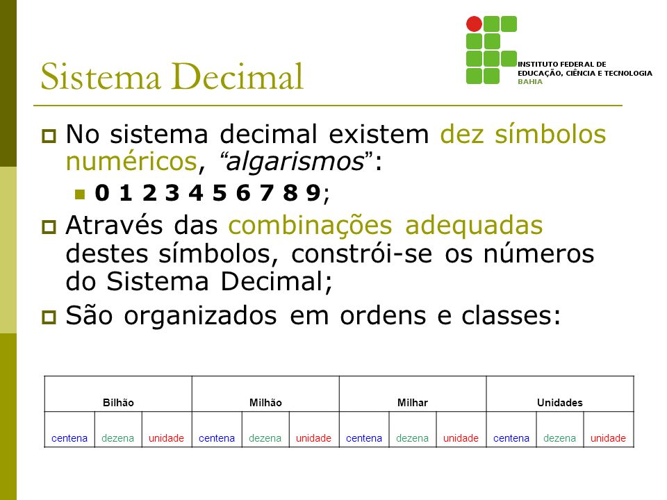 Sistema Decimal No sistema decimal existem dez símbolos numéricos, algarismos : ;