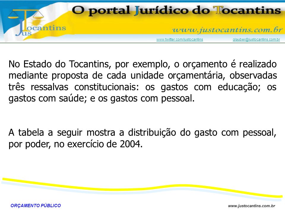 No Estado do Tocantins, por exemplo, o orçamento é realizado mediante proposta de cada unidade orçamentária, observadas três ressalvas constitucionais: os gastos com educação; os gastos com saúde; e os gastos com pessoal.