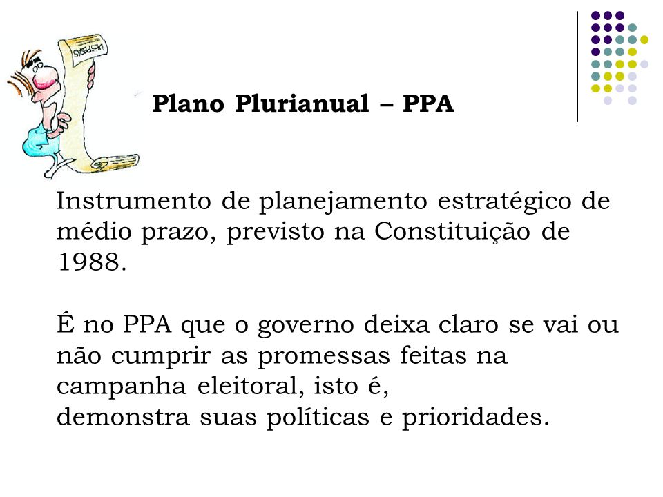 Plano Plurianual – PPA Instrumento de planejamento estratégico de médio prazo, previsto na Constituição de