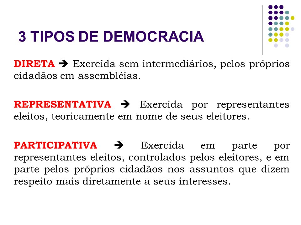 3 TIPOS DE DEMOCRACIA DIRETA  Exercida sem intermediários, pelos próprios cidadãos em assembléias.