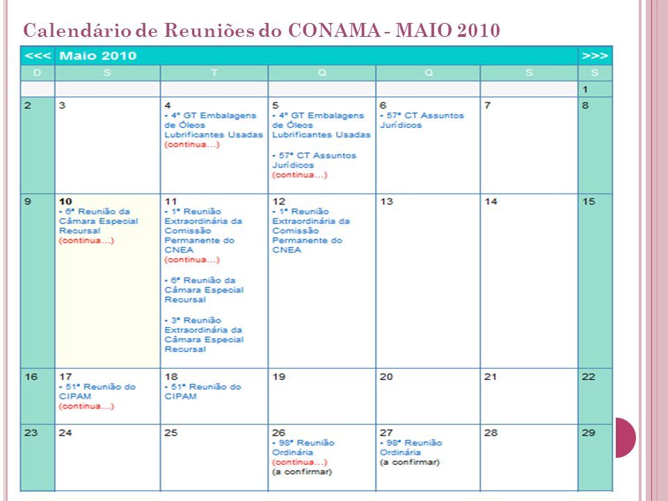 Calendário de Reuniões do CONAMA - MAIO 2010
