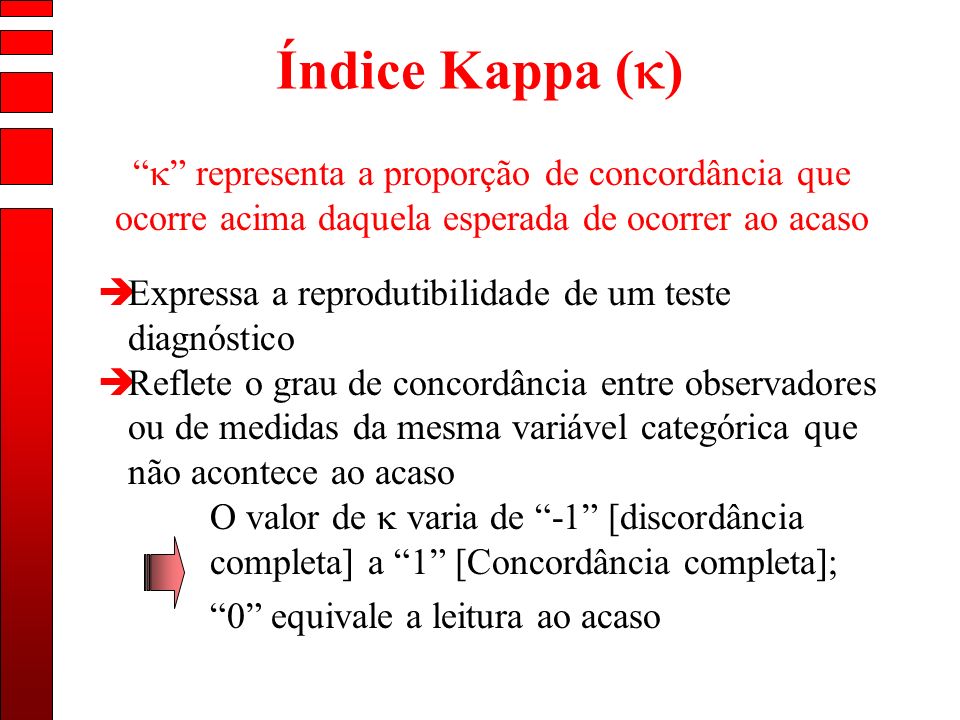 Índice Kappa ()  representa a proporção de concordância que ocorre acima daquela esperada de ocorrer ao acaso.