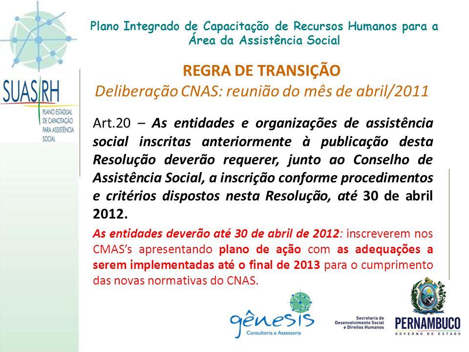 REGRA DE TRANSIÇÃO Deliberação CNAS: reunião do mês de abril/2011