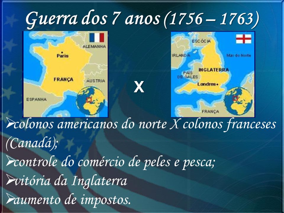 Guerra dos 7 anos (1756 – 1763) X. colonos americanos do norte X colonos franceses (Canadá); controle do comércio de peles e pesca;