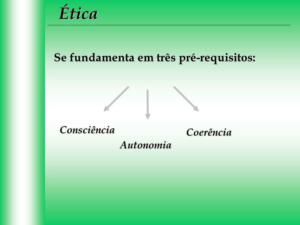 Ética Se fundamenta em três pré-requisitos: Consciência Coerência