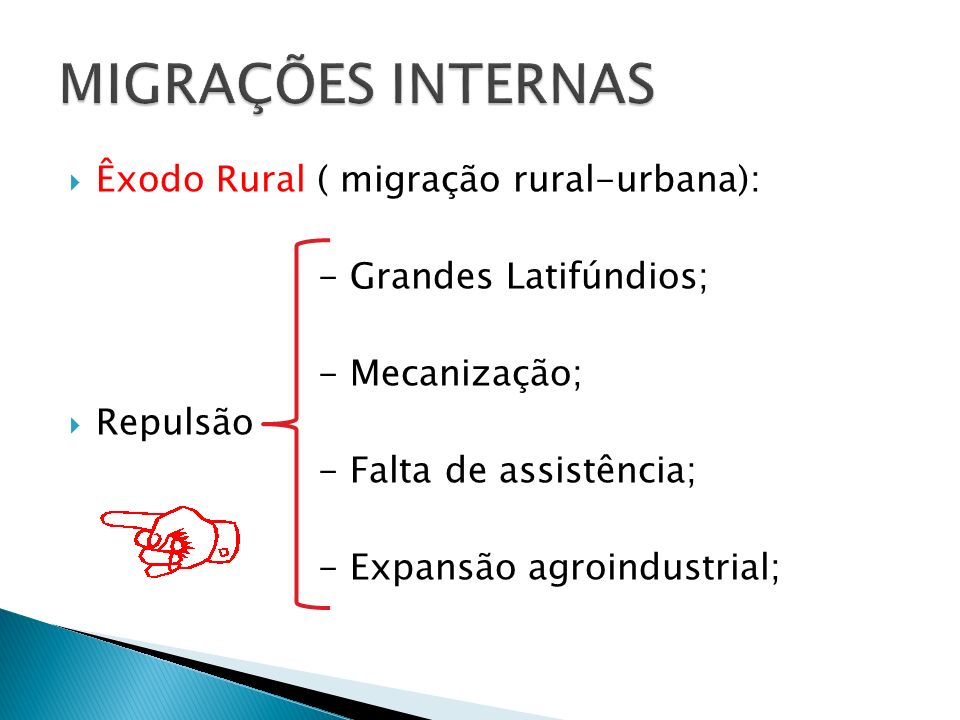 MIGRAÇÕES INTERNAS Êxodo Rural ( migração rural-urbana):