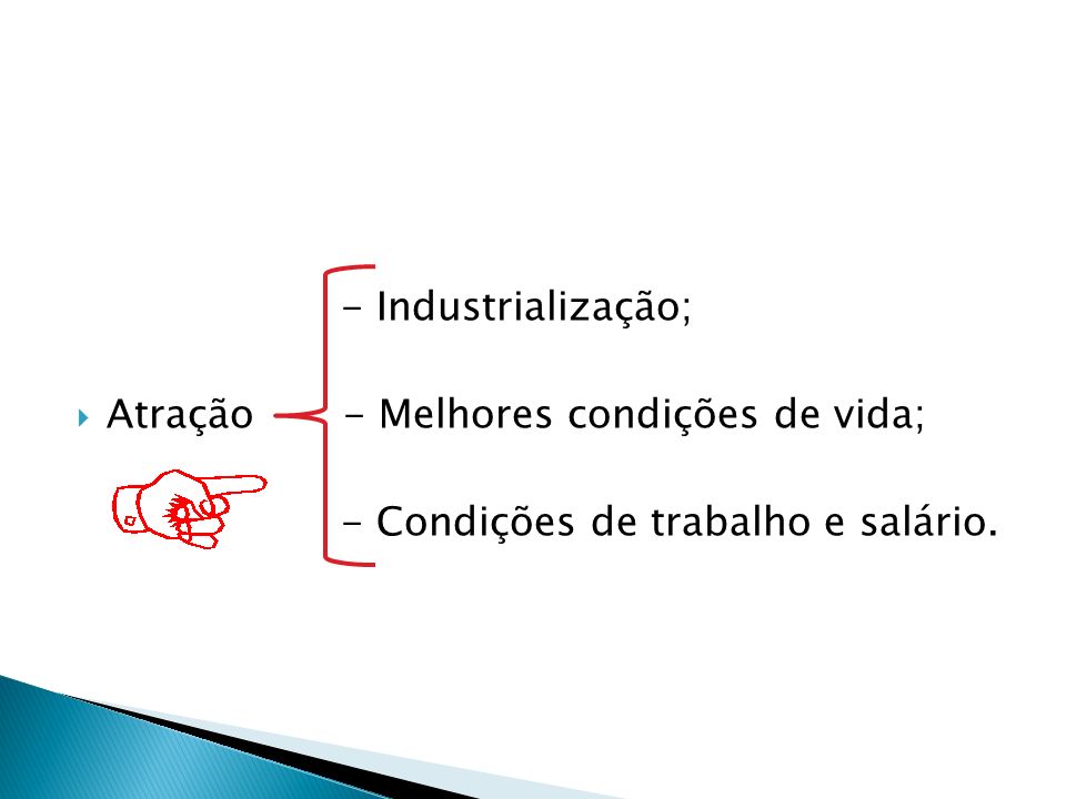 - Industrialização; Atração - Melhores condições de vida; - Condições de trabalho e salário.