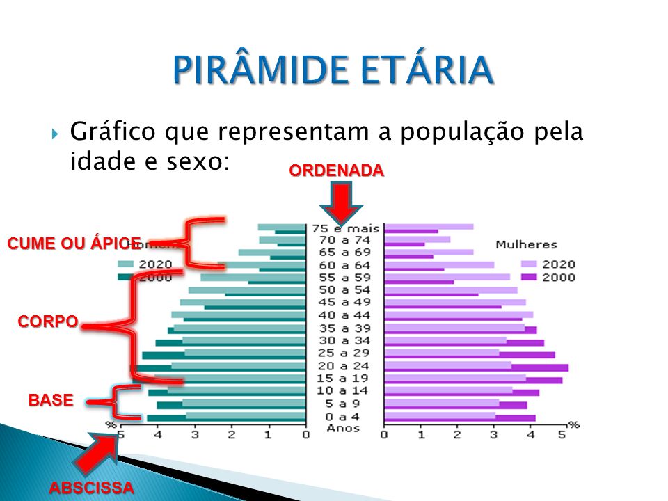 PIRÂMIDE ETÁRIA Gráfico que representam a população pela idade e sexo: