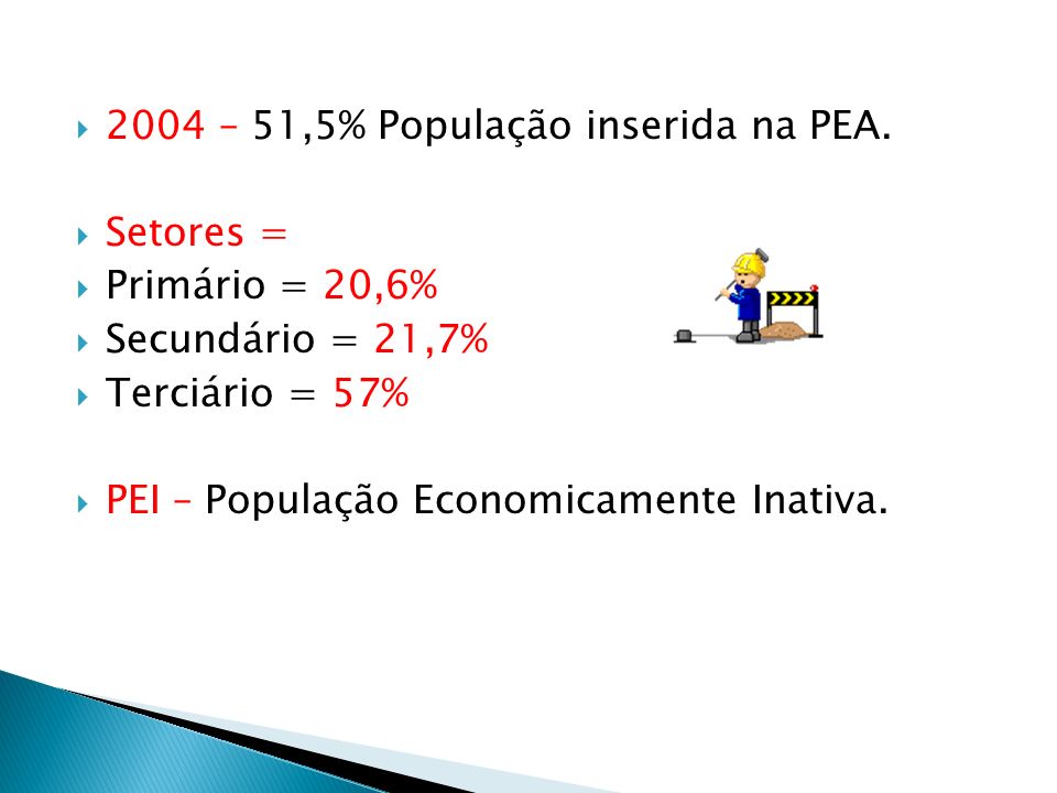 2004 – 51,5% População inserida na PEA.
