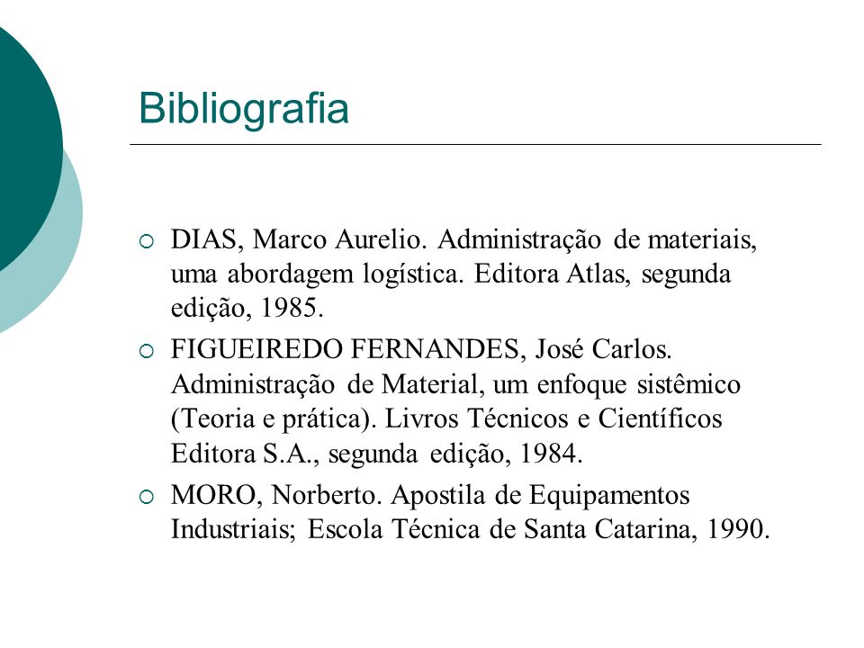 Bibliografia DIAS, Marco Aurelio. Administração de materiais, uma abordagem logística. Editora Atlas, segunda edição,