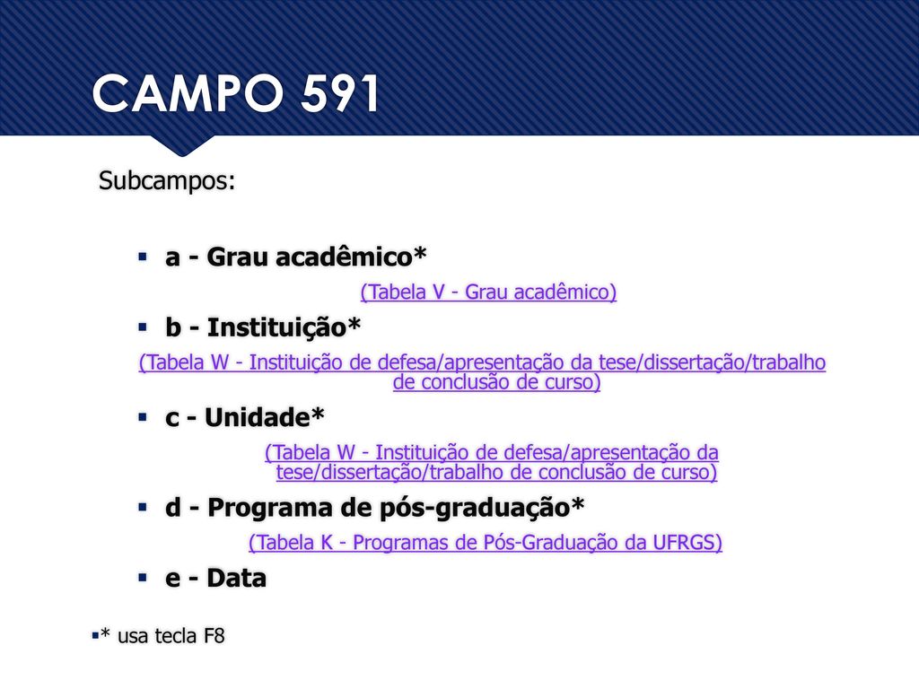 CAMPO 591 Subcampos: a - Grau acadêmico* b - Instituição* c - Unidade*