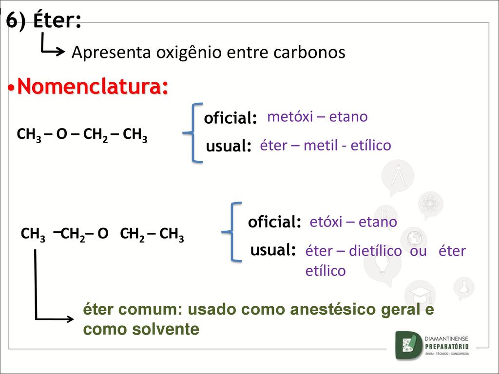 6) Éter: Nomenclatura: Apresenta oxigênio entre carbonos