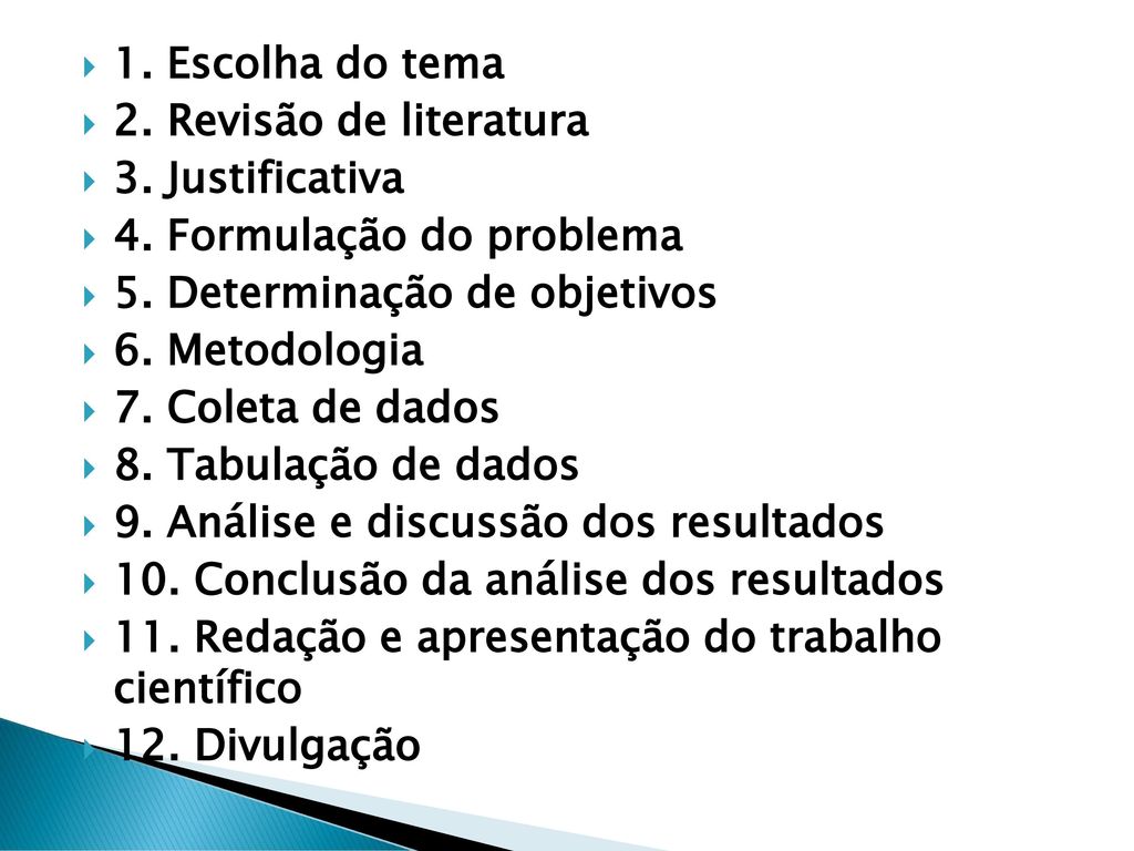 1. Escolha do tema 2. Revisão de literatura. 3. Justificativa. 4. Formulação do problema. 5. Determinação de objetivos.