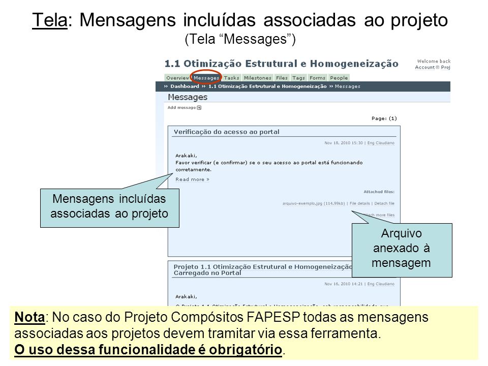 Tela: Mensagens incluídas associadas ao projeto (Tela Messages )