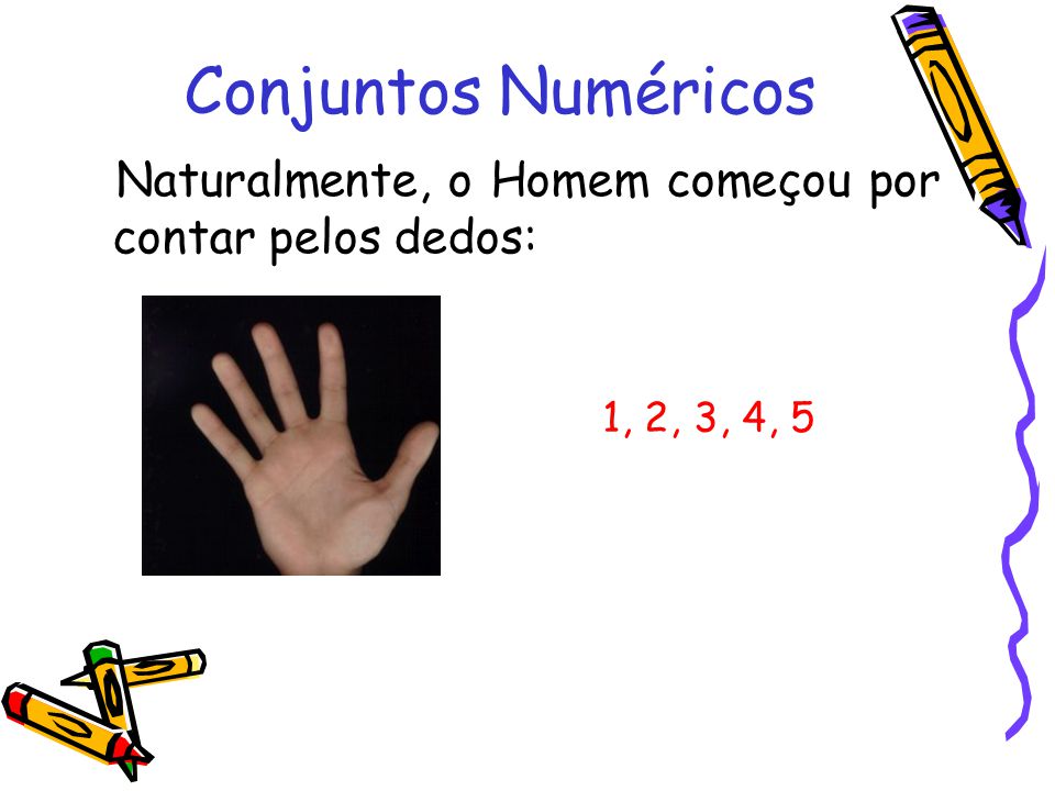 Conjuntos Numéricos Naturalmente, o Homem começou por contar pelos dedos: 1, 2, 3, 4, 5