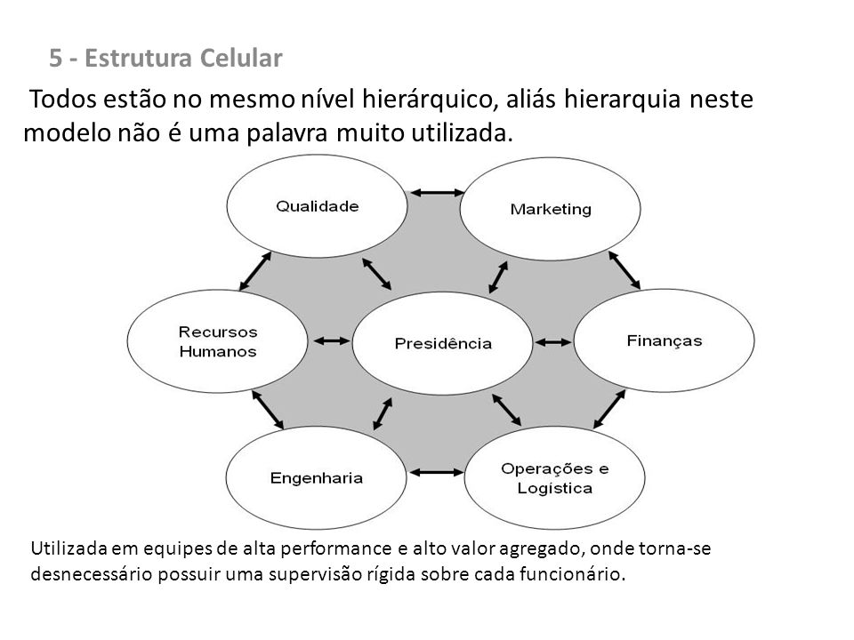 5 - Estrutura Celular Todos estão no mesmo nível hierárquico, aliás hierarquia neste modelo não é uma palavra muito utilizada.