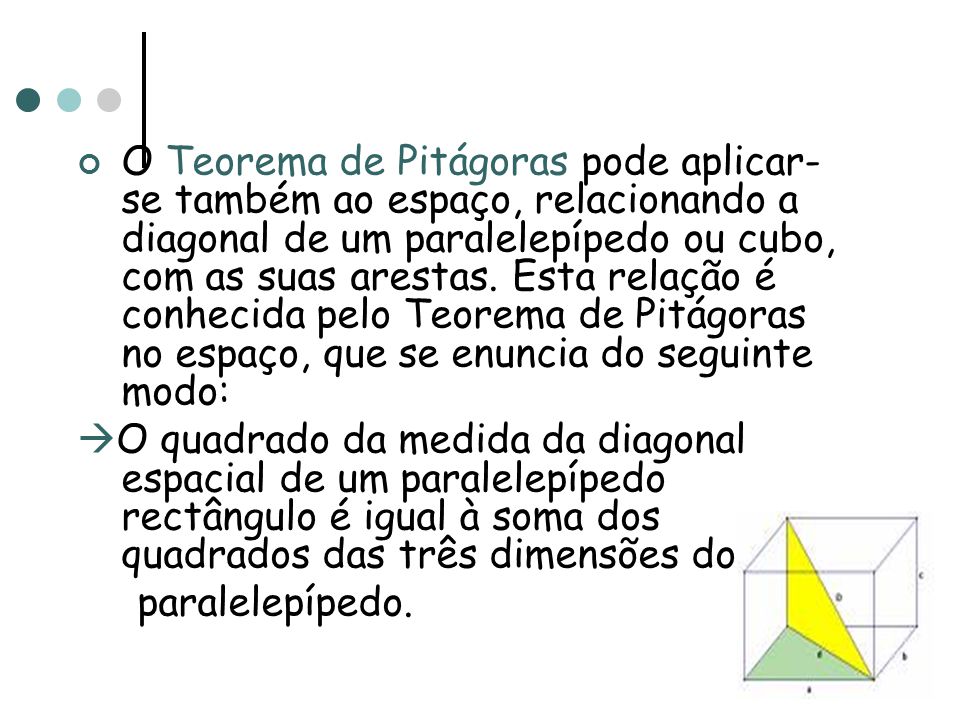 O Teorema de Pitágoras pode aplicar-se também ao espaço, relacionando a diagonal de um paralelepípedo ou cubo, com as suas arestas. Esta relação é conhecida pelo Teorema de Pitágoras no espaço, que se enuncia do seguinte modo: