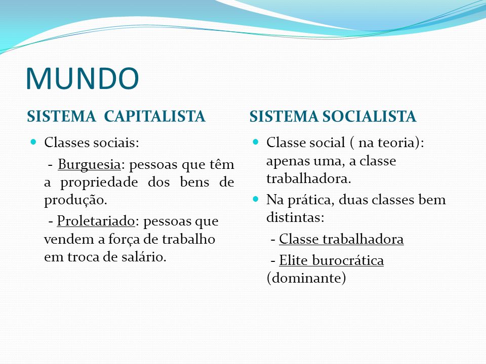 MUNDO SISTEMA CAPITALISTA SISTEMA SOCIALISTA Classes sociais: