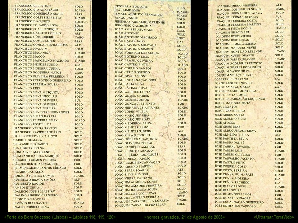 «Forte do Bom Sucesso (Lisboa) – Lápides 118, 119, 120» «nomes gravados, 21 de Agosto de 2008» «Ultramar.TerraWeb»