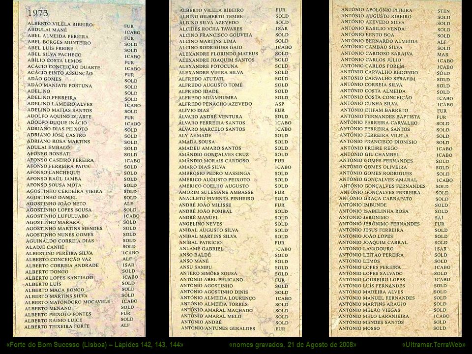 «Forte do Bom Sucesso (Lisboa) – Lápides 142, 143, 144» «nomes gravados, 21 de Agosto de 2008» «Ultramar.TerraWeb»