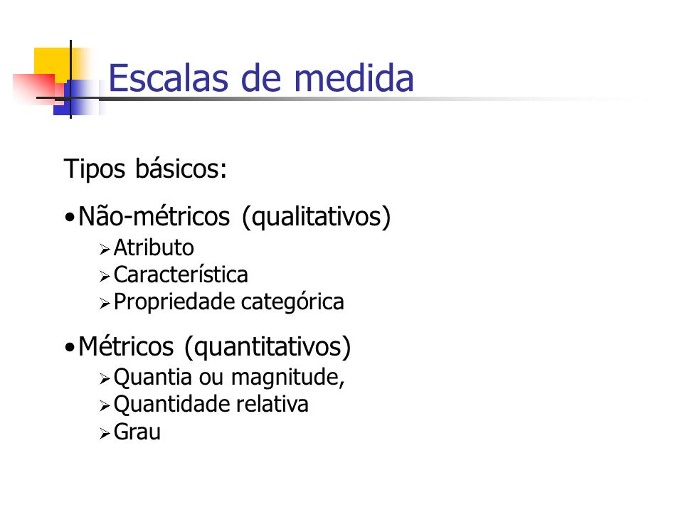 Escalas de medida Tipos básicos: Não-métricos (qualitativos)