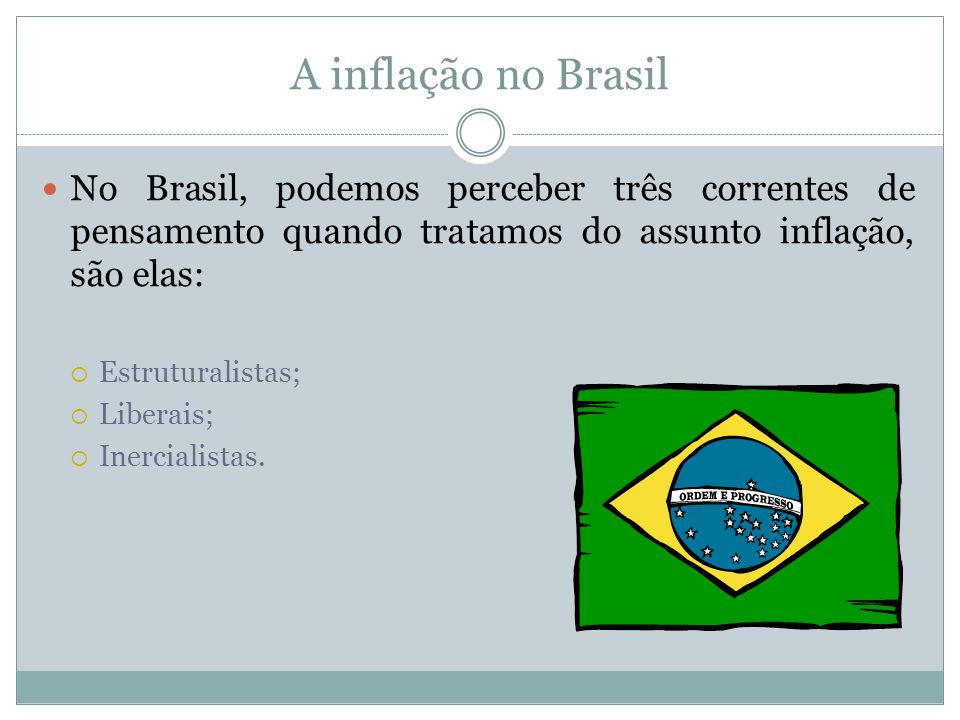 A inflação no Brasil No Brasil, podemos perceber três correntes de pensamento quando tratamos do assunto inflação, são elas: