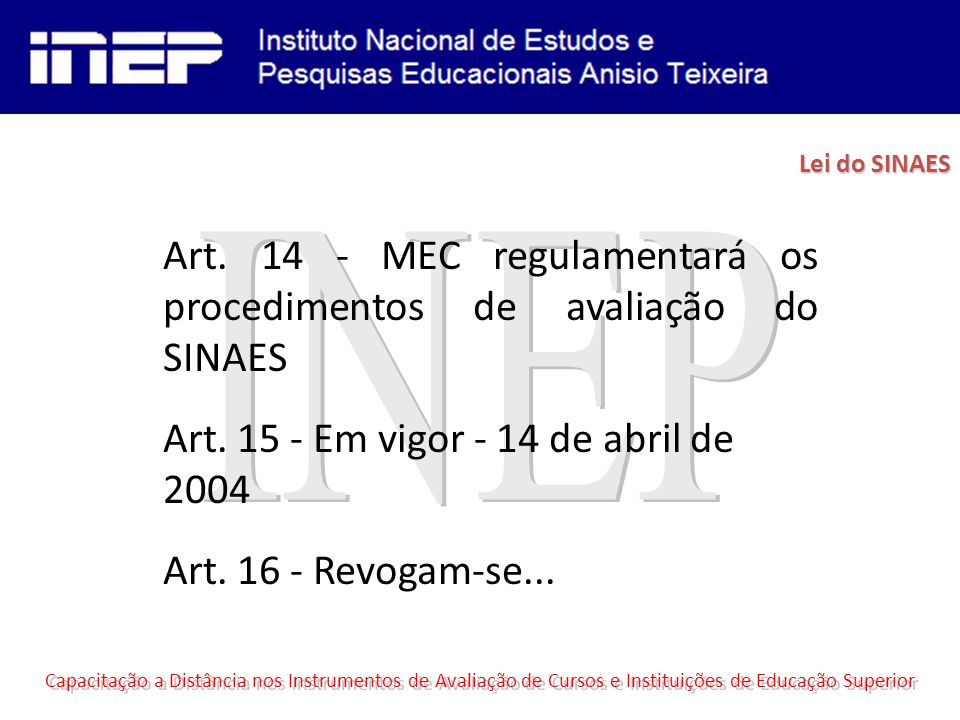 Lei do SINAES Art MEC regulamentará os procedimentos de avaliação do SINAES. Art Em vigor - 14 de abril de