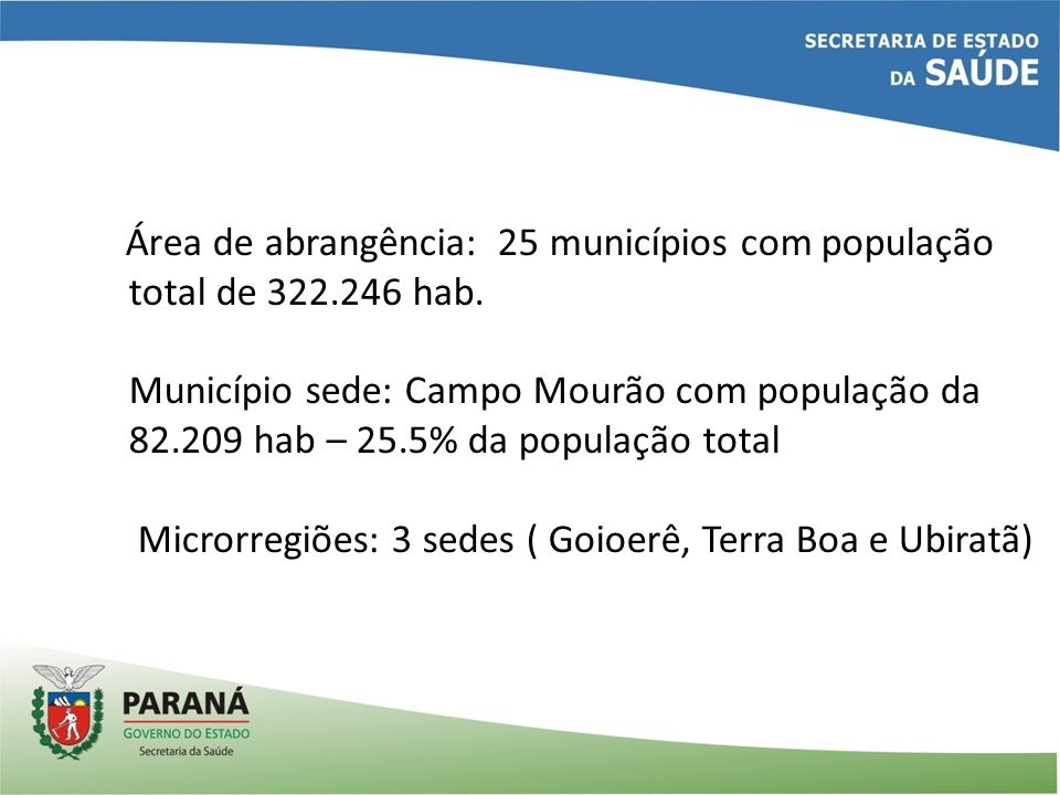 Área de abrangência: 25 municípios com população total de hab